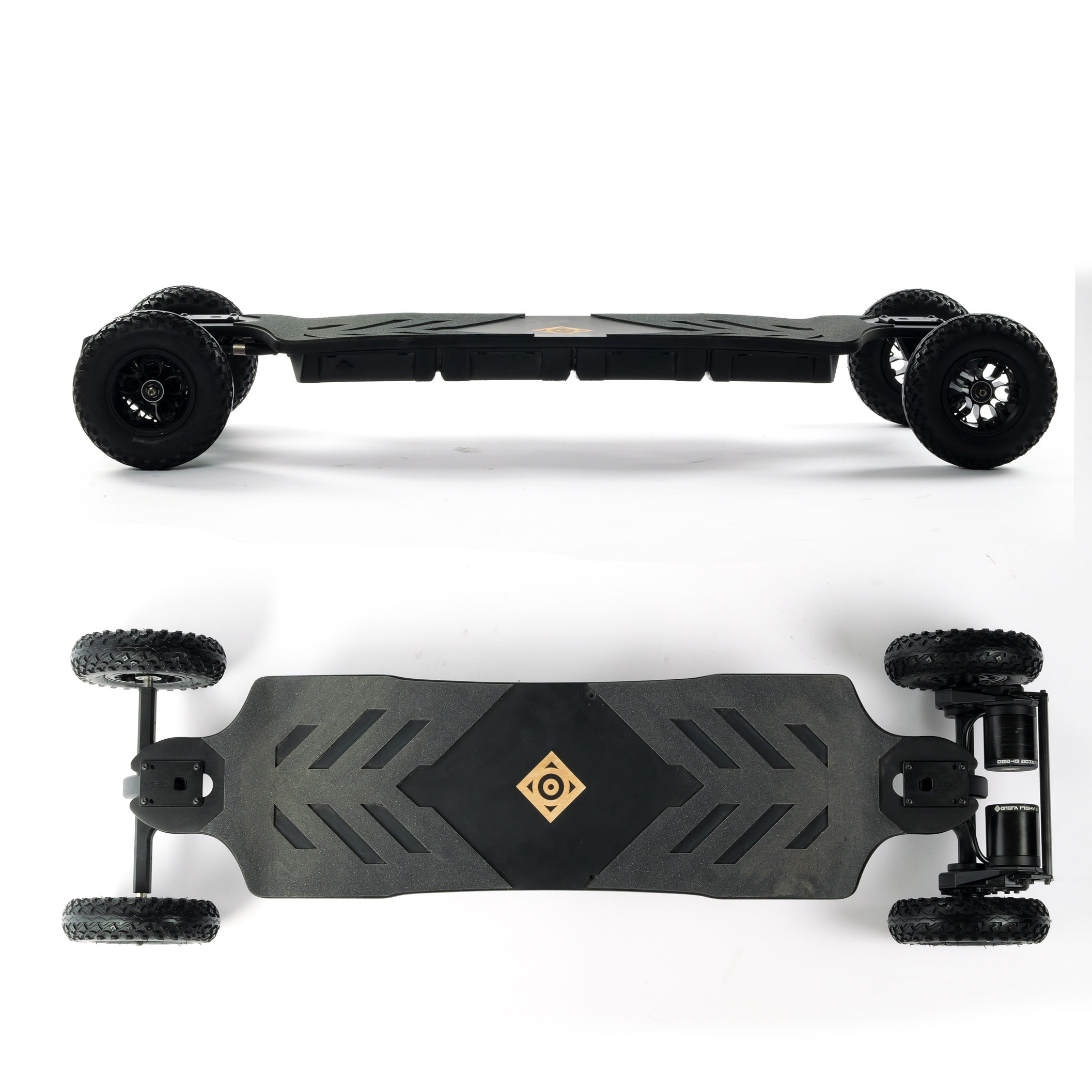 ONSRA BLACK Carve 4 premium electric longboard with a flexible bamboo deck, Gear Drive drivetrain, 14S battery, precision trucks, and all-terrain wheels, shown in a side profile.