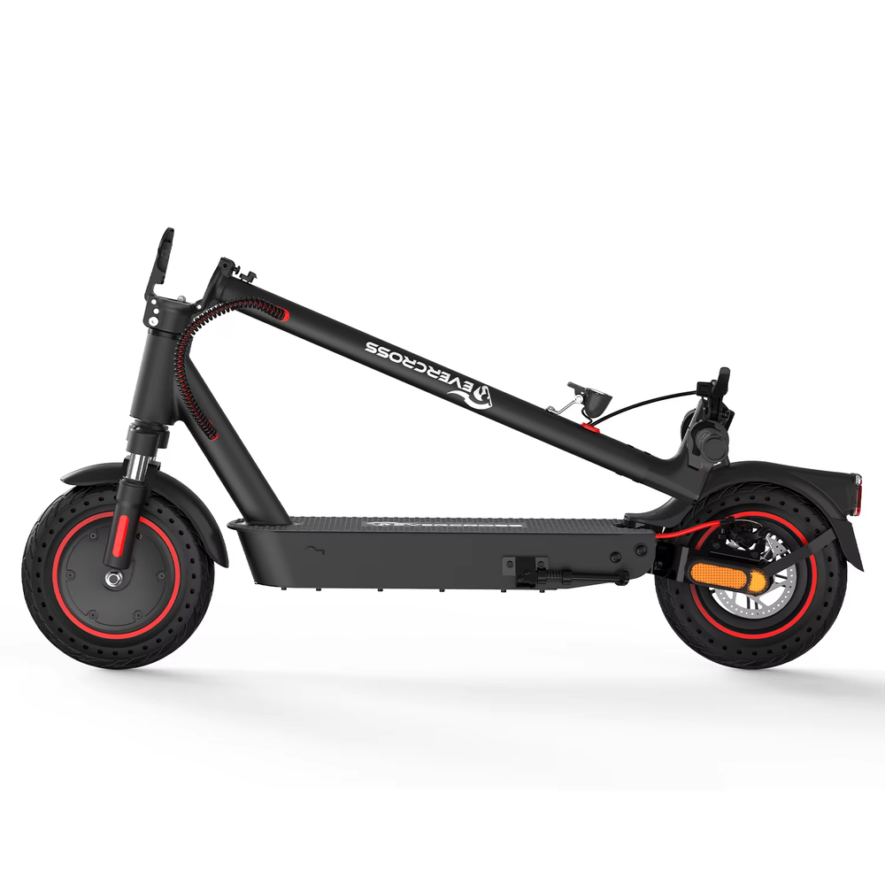 Folded black electric scooter with red rim accents, side view