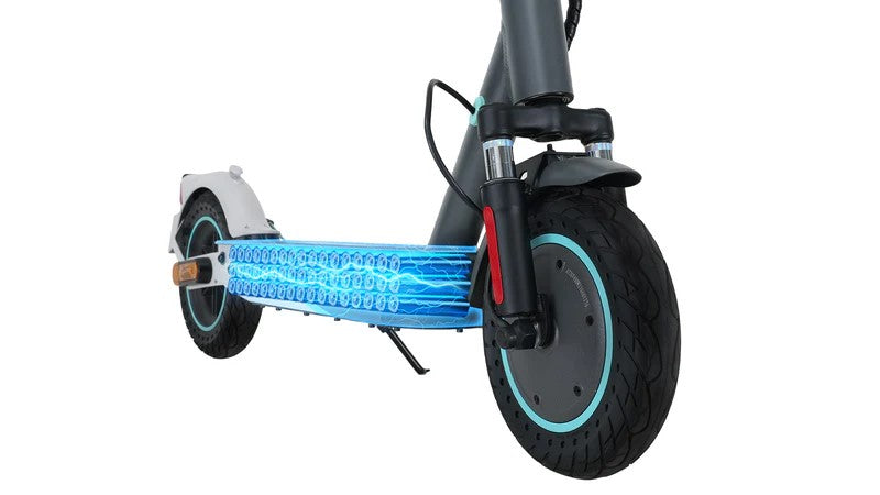 Electric scooter deck and front wheel with blue light strip