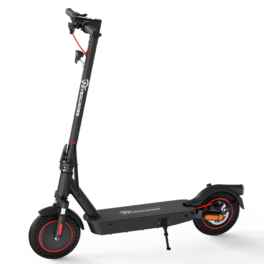 Black electric scooter with dual suspension and red-rimmed 250mm solid tires, side view